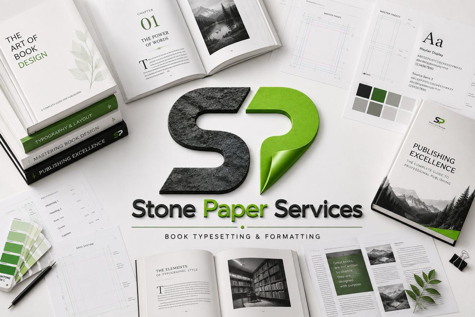 Premium publishing workspace with manuscript pages, print-ready book pages, and typography elements